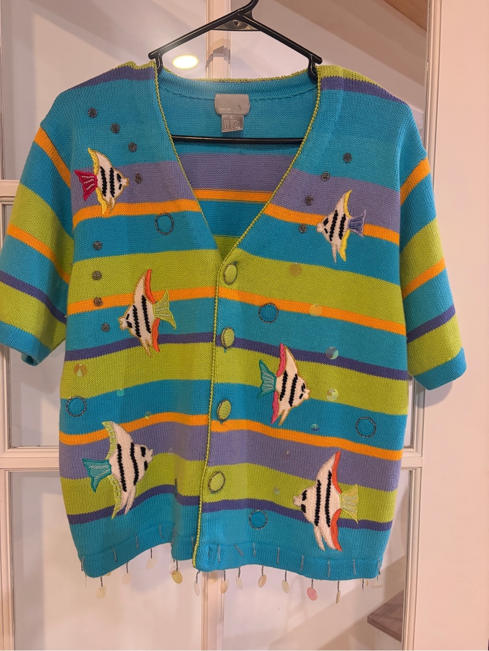 VTG Berek XL Cardigan Sweater Sea Fish Ocean Teacher 80s Grandma Turtle Tropical
